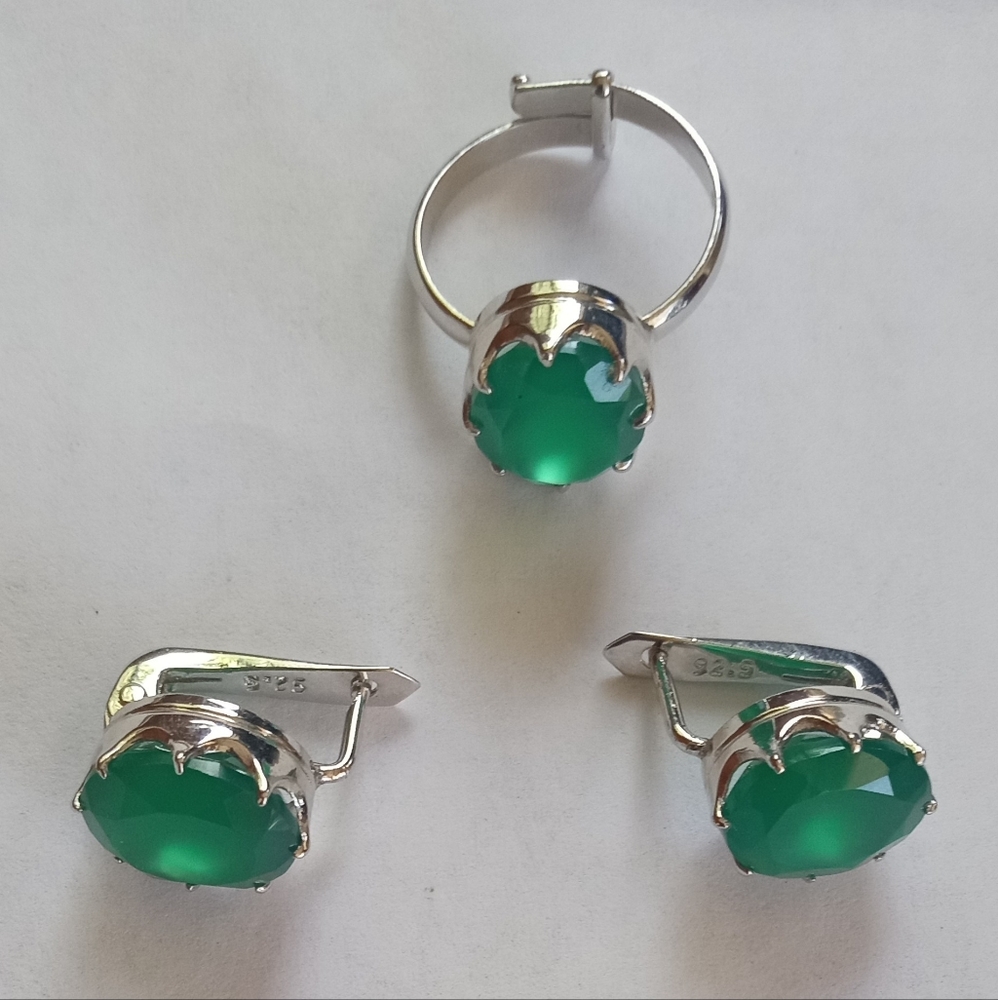 Silver 925 Green Onyx Adjustable Ring, Lever Back Earrings Set